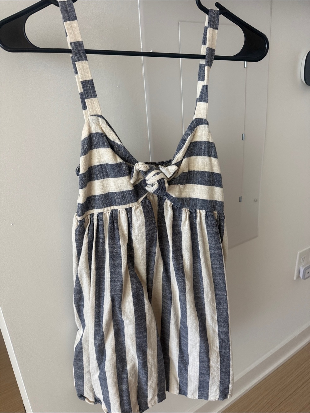 Girls Striped Tie-Front Dress in Cream and Dark Gray